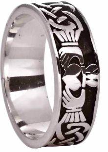 Mens White Gold Celtic Claddagh Band Ring 