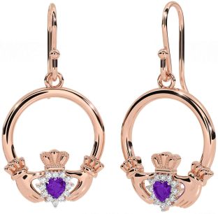 Diamond Amethyst Rose Gold Claddagh Dangle Earrings