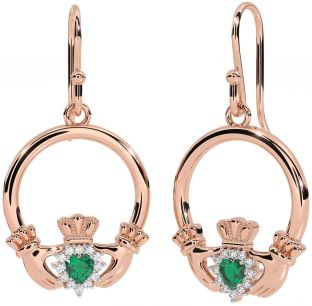 Diamond Emerald Rose Gold Claddagh Dangle Earrings