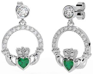 Diamond Emerald Silver Claddagh Dangle Earrings