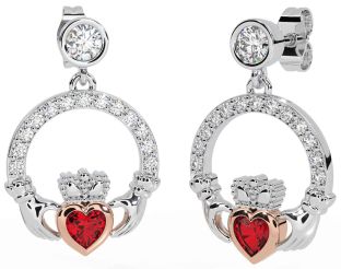 Diamond Ruby Rose Gold Silver Claddagh Dangle Earrings