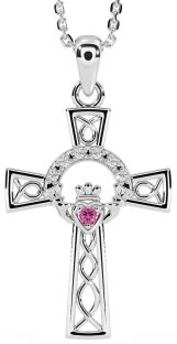 Diamond Pink Tourmaline Silver Claddagh Celtic Cross Necklace