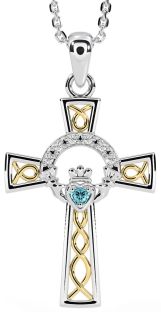 Diamond Aquamarine Gold Silver Claddagh Celtic Cross Necklace