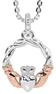 Diamond White Rose Gold Celtic Claddagh Necklace
