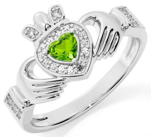 Diamond Peridot White Gold Claddagh Ring