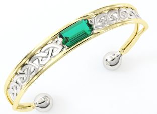 14K Two Tone Gold Solid Silver Emerald Celtic Bangle