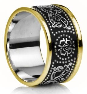 12mm Extra Wide Mens White & Yellow Gold Black Rhodium Celtic "Warrior" Band Ring