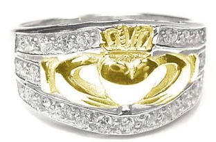 White & Yellow Gold Ladies Diamond .35 cts Claddagh Ring