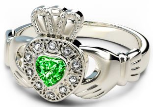 10K/14K/18K White Gold Genuine Diamond .13cts Genuine Emerald .25cts Claddagh Engagement Ring
