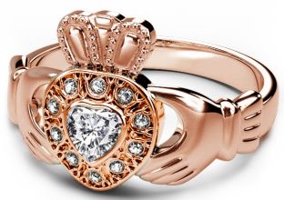 10K/14K/18K Rose Gold Genuine Diamond .38cts Claddagh Ring - April Birthstone