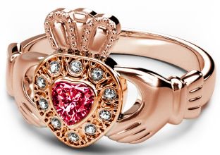 10K/14K/18K Rose Gold Genuine Diamond .13cts and Genuine Ruby .25cts Celtic Claddagh Ring - May Birthstone