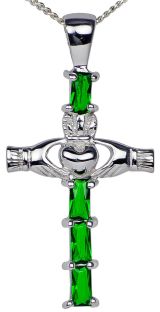 Emerald 14K White Gold Silver Claddagh Cross Pendant Necklace