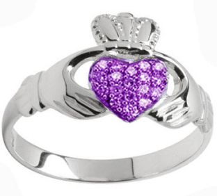 10K/14K/18K White Gold Amethyst .07cts Claddagh Ring - February Birthstone