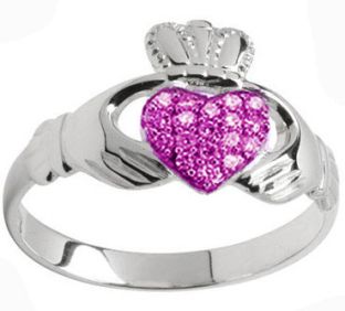 10K/14K/18K White Gold Pink Tourmaline Claddagh Ring - October Birthstone