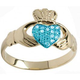 10K/14K/18K Gold Aquamarine Claddagh Ring - March Birthstone