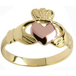 Ladies 10K/14K/18K two tone Yellow Gold & Rose Gold Heart Claddagh Ring