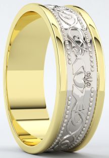 10K/14K/18K Two Tone Gold White & Yellow Claddagh Celtic Wedding Band Ring unisex