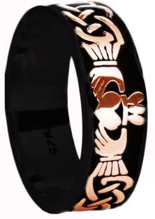 Mens Black Rhodium Rose Gold Celtic Claddagh Band Ring 
