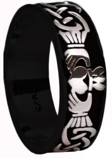 Mens Black Rhodium White Gold Celtic Claddagh Band Ring 