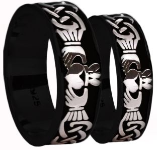Black Rhodium White Gold Celtic Claddagh Band Ring Set