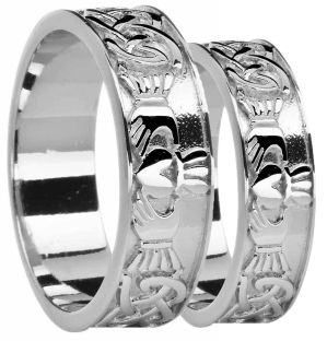 14K White Gold coated Silver Celtic Claddagh Band Ring Set