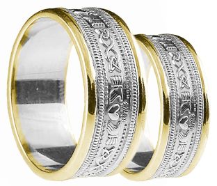 White & Yellow Gold Claddagh Celtic Wedding Band Ring Set