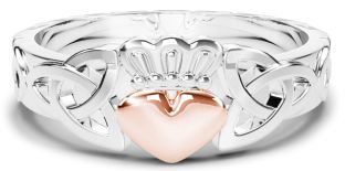 Ladies Silver & Solid Rose Gold Heart Claddagh Celtic Knot Ring 
