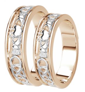 Rose & White Gold Celtic Claddagh Band Ring Set