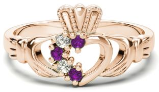 Rose Gold Natural Amethyst Diamond Claddagh Ring - February Birthstone