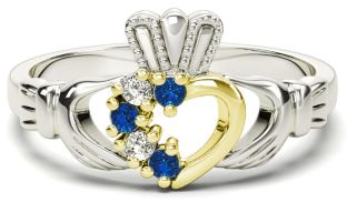 Silver & Solid Yellow Gold Sapphire Diamond Claddagh Ring - September Birthstone