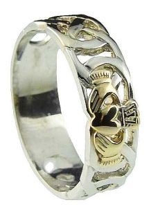 Mens 10K/14K/18K Two Tone Gold Celtic Claddagh Wedding Ring 